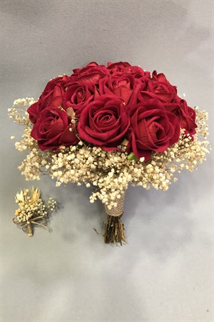 Kadife Kırmızı Gül ve Krem Cipsolu Gelin Buketi