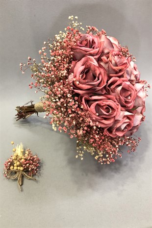 Kadife Pembe Gül ve Pembe Cipsolu Gelin Buketi