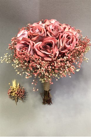 Kadife Pembe Gül ve Pembe Cipsolu Gelin Buketi