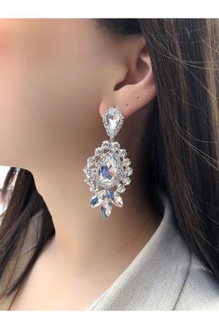 Kadın Gümüş Rengi Kristal Taşlı Damla Sallantılı Abiye Küpe
