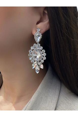 Kadın Gümüş Rengi Kristal Taşlı Damla Sallantılı Abiye Küpe