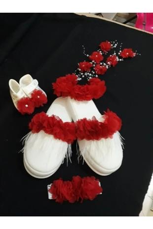 Kadın Kırmızı Küpeli Taç Terlik Bebek Bantı Ve Patik