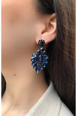 Kadın Mavi Rengi Kristal Taşlı Sallantılı Abiye Küpe
