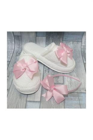 Kadın Pembe Büyük Fiyonklu Lohusa Tacı ve Lohusa Terliği Set