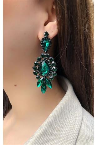 Kadın Yeşil Rengi Sallantılı Kristal Taşlı Abiye Küpe