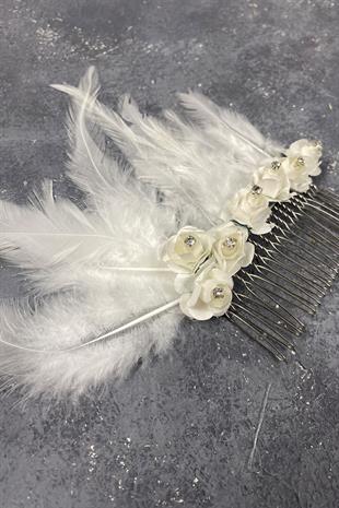 Kagıt Güllü Ve Tüylü Taraklı Dış Çekim Gelin Saç Tokası