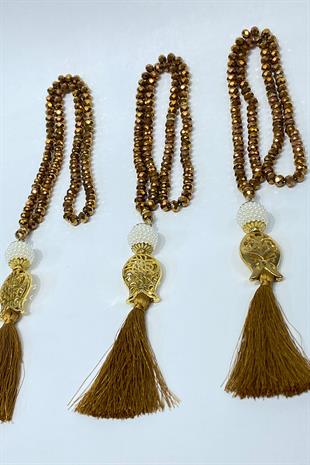 Kahve Hediyelik Laleli Püsküllü Kristal Boncuklu 99 Lu Namaz Tesbihi ( Mevlüt-sünnet-hac-umre)