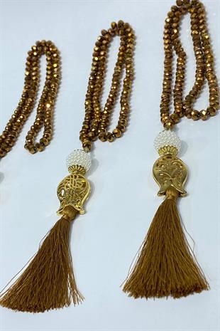 Kahve Hediyelik Laleli Püsküllü Kristal Boncuklu 99 Lu Namaz Tesbihi ( Mevlüt-sünnet-hac-umre)