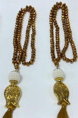 Kahve Hediyelik Laleli Püsküllü Kristal Boncuklu 99 Lu Namaz Tesbihi ( Mevlüt-sünnet-hac-umre)