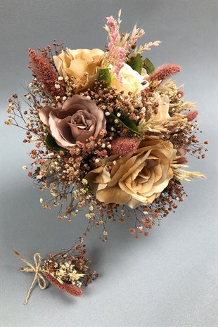 Kahve ve Bej Kurutulmuş Çiçekli Gelin Buketi ve Yaka Çiçeği