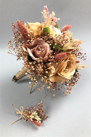 Kahve ve Bej Kurutulmuş Çiçekli Gelin Buketi ve Yaka Çiçeği