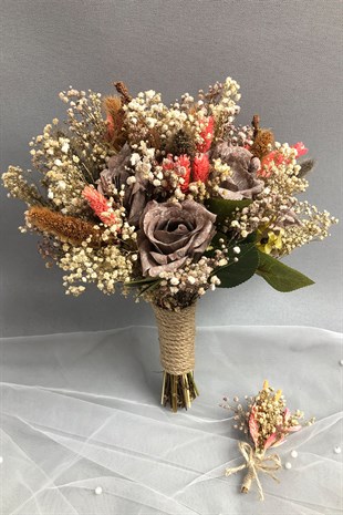Kahverengi Açık Kurutulmuş Çiçekli Gelin Buketi ve Yaka Çiçeği