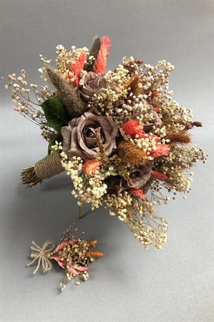 Kahverengi Açık Kurutulmuş Çiçekli Gelin Buketi ve Yaka Çiçeği