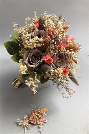 Kahverengi Açık Kurutulmuş Çiçekli Gelin Buketi ve Yaka Çiçeği