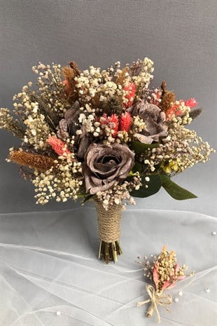 Kahverengi Açık Kurutulmuş Çiçekli Gelin Buketi ve Yaka Çiçeği