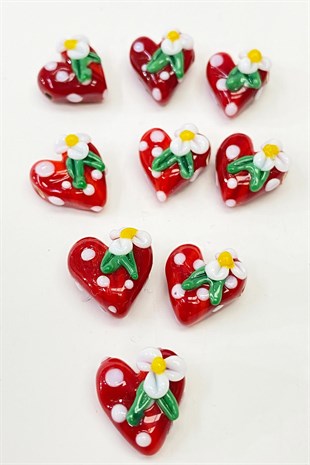Heart Daisy Glass Bead Bracelet Tip Red 1 Pcs