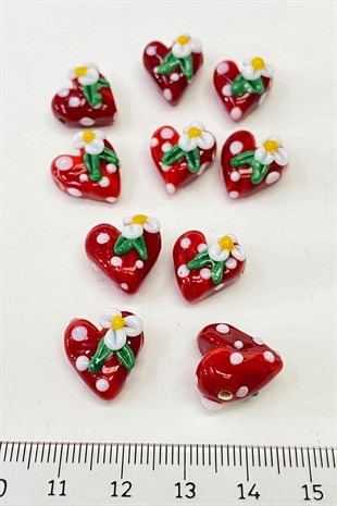 Heart Daisy Glass Bead Bracelet Tip Red 1 Pcs