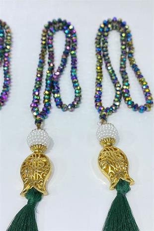 Kaplama Yeşil Hediyelik Laleli Püsküllü Kristal Boncuklu 99 Lu Namaz Tesbihi ( Mevlüt-sünnet-hac-umre)