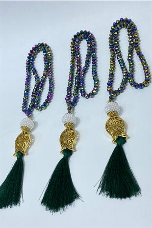 Kaplama Yeşil Hediyelik Laleli Püsküllü Kristal Boncuklu 99 Lu Namaz Tesbihi ( Mevlüt-sünnet-hac-umre)