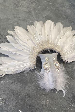 Eagle Feathered Crystal Beaded Bridal Henna Tiara and Earring