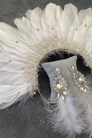 Eagle Feathered Crystal Beaded Bridal Henna Tiara and Earring