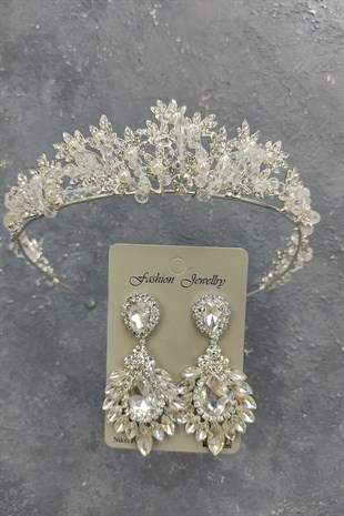 Kastra Model Gelin Tacı Ve Damla Mekik MekikTaşlı Küpe