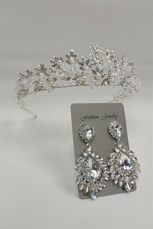 Kastra Model Gelin Tacı Ve Damla Mekik MekikTaşlı Küpe