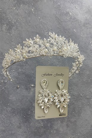 Kastra Model Gelin Tacı Ve Damla Taşlı Küpe