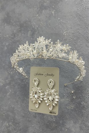 Kastra Model Gelin Tacı Ve Damla Taşlı Küpe