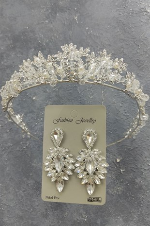 Kastra Model Gelin Tacı Ve Damla Taşlı Küpe