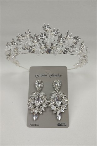 Kastra Model Gelin Tacı Ve Damla Taşlı Küpe