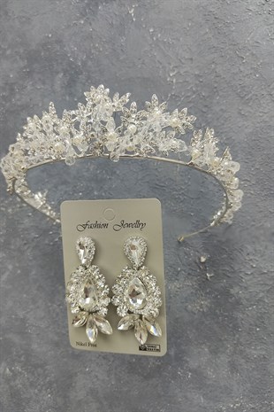 Kastra Model Gelin Tacı Ve Mekik Damla Taşlı Küpe