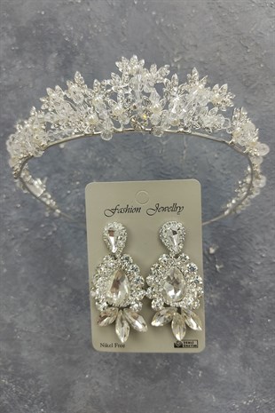 Kastra Model Gelin Tacı Ve Mekik Damla Taşlı Küpe