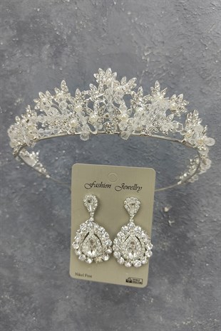 Kastra Model Gelin Tacı Ve Mekik Taşlı Küpe