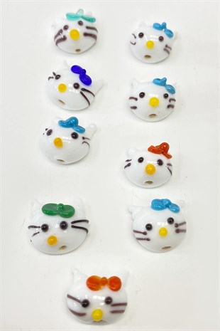 Kedi Desenli Cam Boncuk Kolye Ucu Beyaz 1 Adet