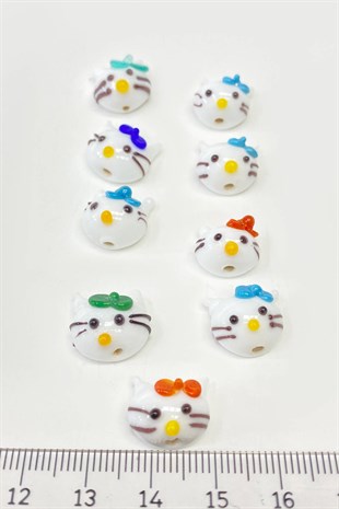 Kedi Desenli Cam Boncuk Kolye Ucu Beyaz 1 Adet