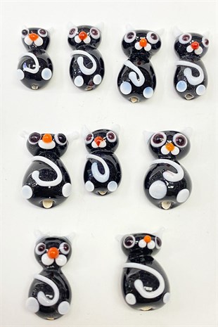 Cat Patterned Glass Bead Pendant Black 1 Pcs