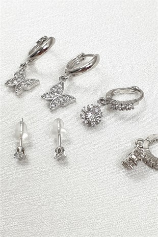 Kelebek Desenli ve Baget Taşlı Çoklu Zirkon Küpe