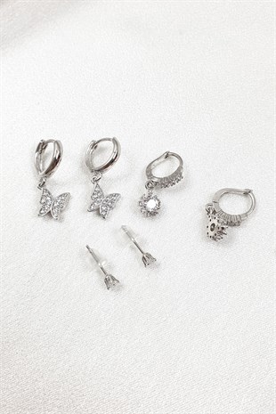 Kelebek Desenli ve Baget Taşlı Çoklu Zirkon Küpe