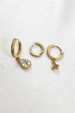 Kelebek ve Damla Motifli Gold Renk Küpe