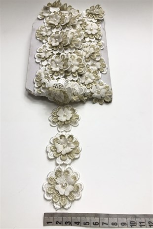 Gold Beyaz 3 Boyutlu Çiçekli İncili Şerit