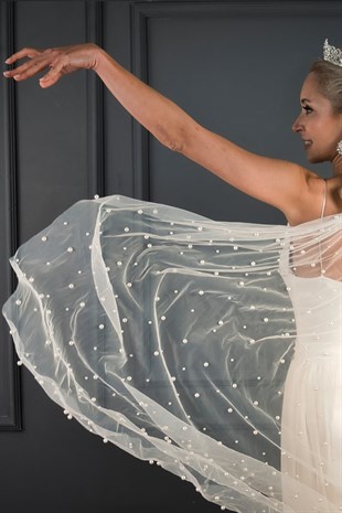 Kırık Beyaz İncili Gelin Duvağı