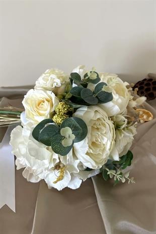 Off White - Cream Artificial And Dry Flower Bridal Bouquet - Groom Boutonniere Set