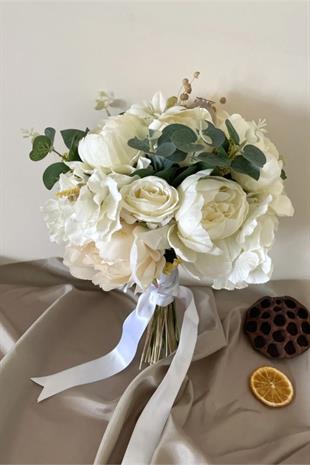 Off White - Cream Artificial And Dry Flower Bridal Bouquet - Groom Boutonniere Set