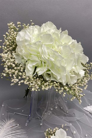 Kırık Beyaz Ortancalı Gelin Buketi,Nikah Şapkası ve Gelin Eldiveni Seti