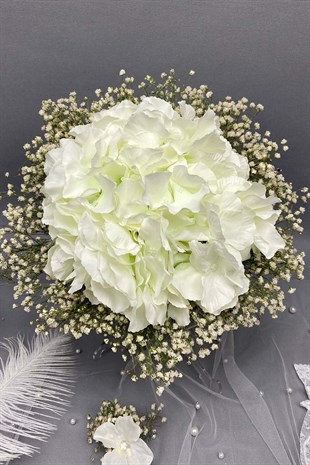 Kırık Beyaz Ortancalı Gelin Buketi,Nikah Şapkası ve Gelin Eldiveni Seti