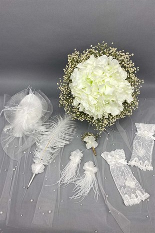 Kırık Beyaz Ortancalı Gelin Buketi,Nikah Şapkası ve Gelin Eldiveni Seti