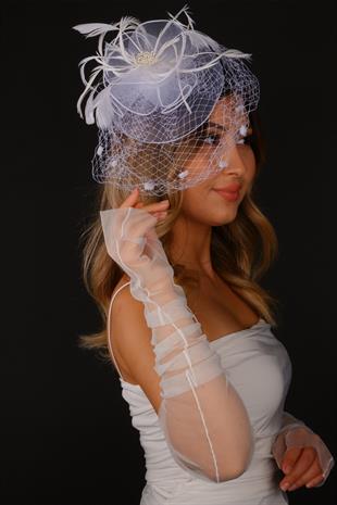 Off-White Voilet Wedding Hat, Canel Bridal Accessory and Tulle Gloves