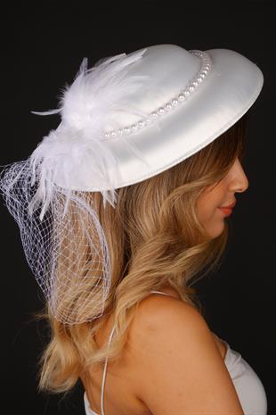 Off-White Voilet Wedding Hat with Giant Pearl Bridal Accessory