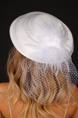 Off-White Voilet Wedding Hat, Giant Pearl Bridal Accessory and Tulle Gloves